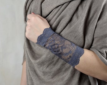 Wrist Tattoo Cover Bracelet, One Pair Gray Lace Wrist Cuff, Long Bracelet, w4118