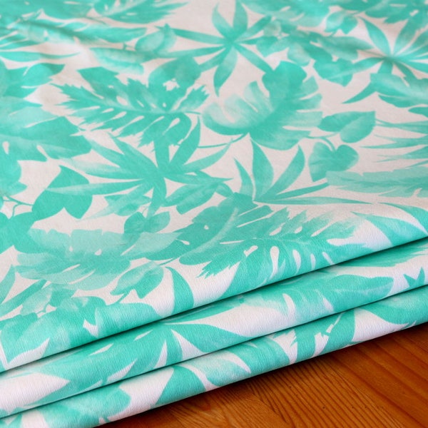 Exotic Leaves Fabric, Aqua Blue Leaves on White Fabric PERFECT For Apparel Home Decor Crafts, Curtains