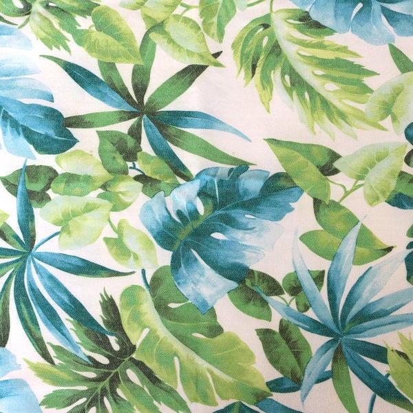 Green Leaf Fabric, Aqua Blue  and Green Leaves on White Thick Fabric PERFECT For Apparel Home Decor Crafts, Curtains F29