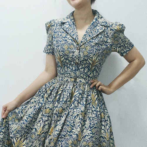 80's Red Brocade Print Dress by Lolo Collections