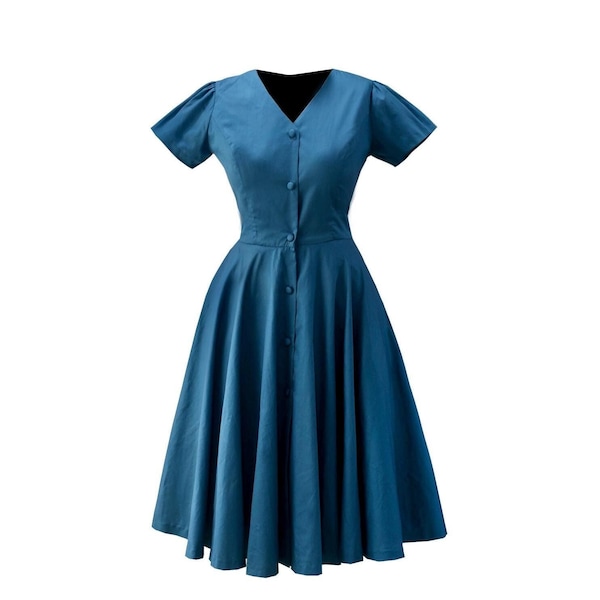 NEW! LOLO Dress #29 "Solid Blue" - Circle Skirt - Cap sleeves  - V collar - Pinup Dress - 1950s Dress
