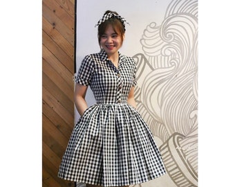 LOLO Dress #1 in "Black Gingham" - SHORT Sleeves - Full Gathered Skirt - Pinup Dress - Vintage Dress - Rockabilly Dress - 1950s Dress