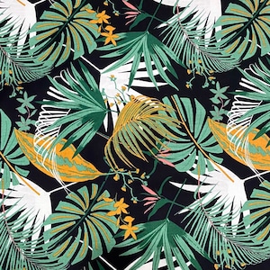 NEW! Fabric &quot;Tropical Rain Forest&quot; - Tropical Palm Leaves and Floral Cotton Fabric - Hawaii Tropical Print Fabric - By The Yard