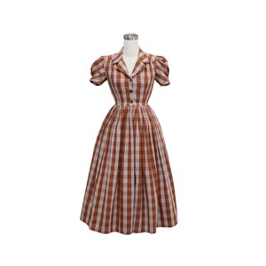LOLO Dress #7 -&quot;Brown Checkered Tartan&quot; - Full gathered skirt - Notched Shawl Collar - Vintage 1950s Dress - Rockabilly Dress - Pinup