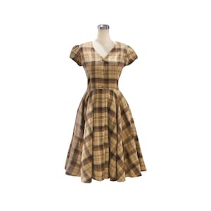 LOLO Dress #29 &quot;Elegant Beige Plaid Tartan&quot; - Circle Skirt - Cap sleeves  - V collar - Pinup Dress - 1950s Dress