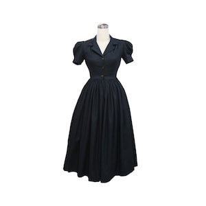 LOLO Dress #7 Solid Black - Cotton - Full gathered skirt - Notched Shawl Collar - Vintage 1950s Dress - Rockabilly Dress - Pinup