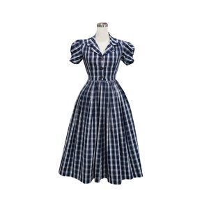 LOLO Dress #7 -&quot;Navy Checkered Tartan&quot; - Full gathered skirt - Notched Shawl Collar - Vintage 1950s Dress - Rockabilly Dress - Pinup