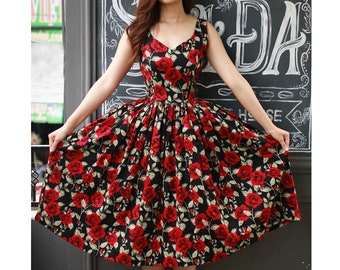 LOLO Dress #2 &quot;The Black Rose Garden&quot; - Sweetheart neckline - Full gathered skirt - Vintage Dress - Pinup - 1950s Dress - Rockabilly Dress