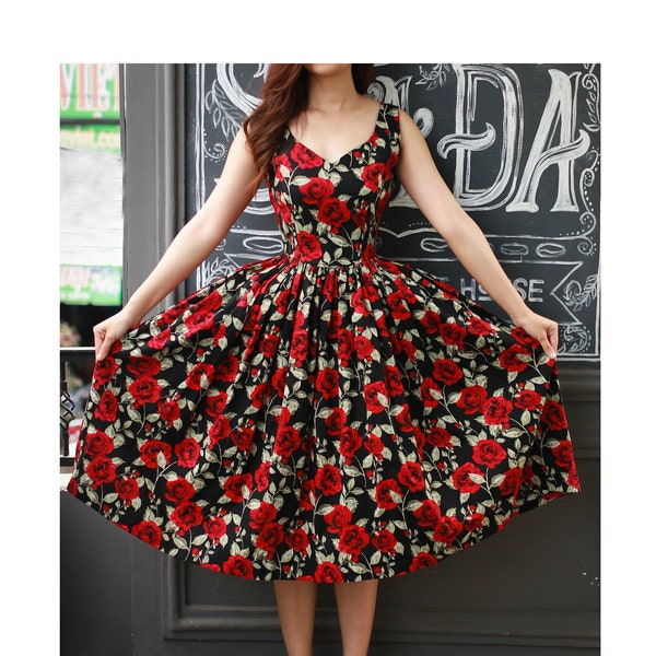 LOLO Dress #2 "The Black Rose Garden" - Sweetheart neckline - Full gathered skirt - Vintage Dress - Pinup - 1950s Dress - Rockabilly Dress