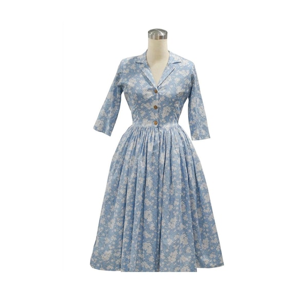 LOLO Dress #21 "Elegant Floral on Blue" - 3/4 Sleeves - Full Gathered - Pinup Dress - Vintage Dress - Rockabilly Dress - 1950s Dress