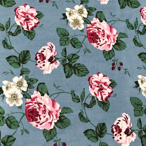 NEW! Fabric &quot;Roses Print on Grey Blue&quot; - Vintage Floral Cotton Fabric - By The Yard