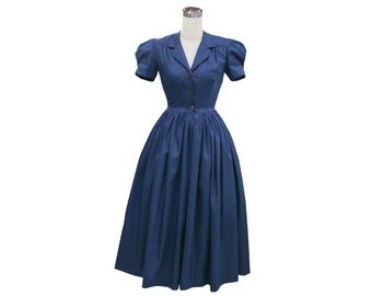 Vestido LOLO #7 Sólido Azul Marinho - Cetim de Algodão - Saia completa franzida - Gola xale entalhada - Vestido vintage dos anos 1950 - Vestido Rockabilly - Pinup