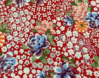 Fabric "Red Traditional Vietnamese Floral" - Vintage Rose Print Cotton Fabric - By The Yard