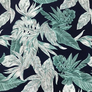 Fabric &quot;Tropical Palm Leaf&quot; - Navy Blue, Light Green Cotton Fabric - By The Yard
