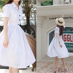 LOLO Dress #7 -&quot;White & Black Polka Dot&quot; - Full gathered skirt - Notched Shawl Collar - Vintage 1950s Dress - Rockabilly Dress - Pinup