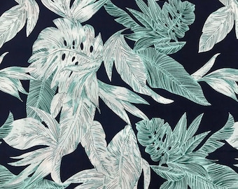Fabric "Tropical Palm Leaf" - Navy Blue, Light Green Cotton Fabric - By The Yard