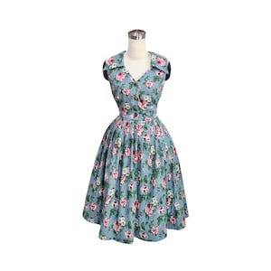 LOLO Dress #3 &quot;Roses Print on Grey Blue&quot; - sleeveless dress - Retro winged collar - Rockabilly Dress - Pinup Dress - 1950s Dress