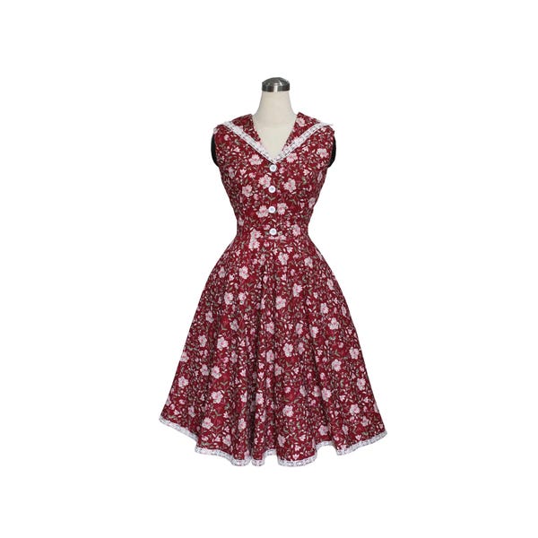 LOLO Dress #16 in Your Choice Of Fabric - Burgundy Background - Circle Skirt - sleeveless - Retro Revers Collar  - Pinup - 1950s Dress