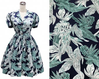 LOLO Dress #7 -"Tropical Palm Leaf" - Full gathered skirt - Notched Shawl Collar - Vintage 1950s Dress - Rockabilly Dress - Pinup