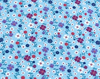 Fabric "Sky Blue Wild florals "  Sky-blue Background - Floral Cotton Fabric - 100% cotton - Quilting Fabric - By The Yard