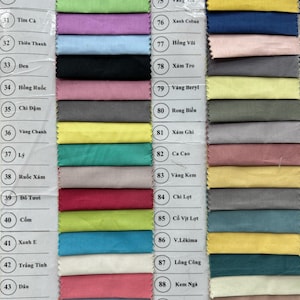May include: A fabric swatch color chart featuring two vertical columns of rectangular textile samples in various colors. Each swatch is numbered from 29 to 45 and 74 to 90, with corresponding text labels printed next to each fabric piece.