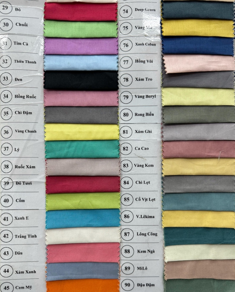 May include: A fabric swatch color chart featuring two vertical columns of rectangular textile samples in various colors. Each swatch is numbered from 29 to 45 and 74 to 90, with corresponding text labels printed next to each fabric piece.