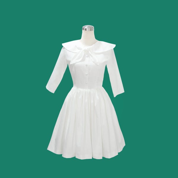 NEW! LOLO Dress #11 Solid Plain White Sailor Collar  - Full Gathered Skirt - 3/4 Sleeves - Sailor Collar Dress - 1950s Wedding Dress