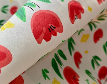 Fabric “Sunny Tulip" Tulip Floral Print on White background - Floral Cotton Fabric - 100 percent cotton - By The Yard