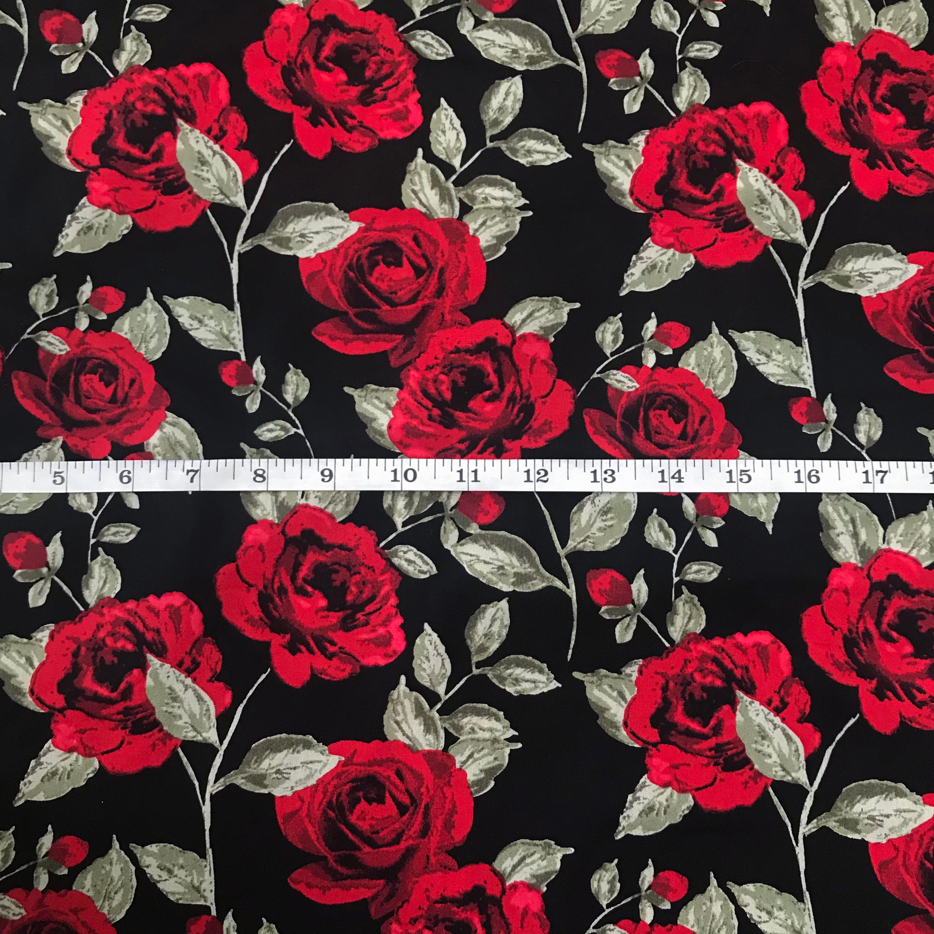 Fabric the Black Rose Garden Red Rose Print / | Etsy
