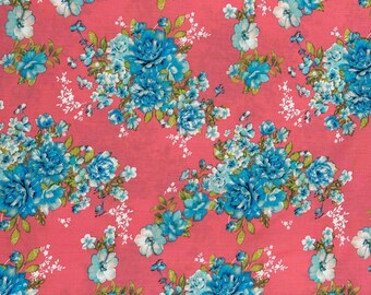 New! Fabric "Blue Rose on Pink" - Floral Cotton Fabric - cotton - Quilting Fabric - By The Yard