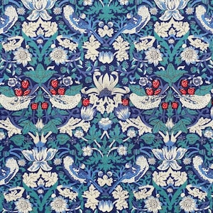 NIEUW! Stof &quot;William Morris - Strawberry Thief&quot; Blauwe en Groene kleuren - 100% Katoen stof - Retro Stof - William Morris Print op maat gesneden