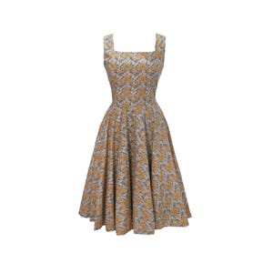 NOVO! Vestido LOLO #27 Tana Lawn Blue e Gold “Aubrey Forest&quot; - Saia circular - Sem mangas - Gola quadrada - Rockabilly - Vestido pinup - Anos 50