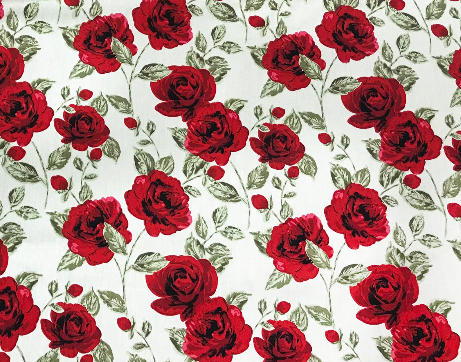 Fabric white Rose Garden Red Rose Print on White/ Etsy
