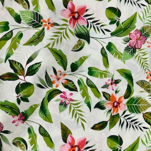 New! Fabric &quot;White Hawaii&quot; - Tropical Leaves Floral on White - White Cotton Fabric/ By The Yard