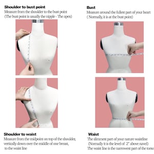 May include: Diagram illustrating how to measure a bust, waist, and shoulder-to-bust and shoulder-to-waist points. A mannequin is used to demonstrate the measurement process. Text explains each measurement, including the bust point and waistline.