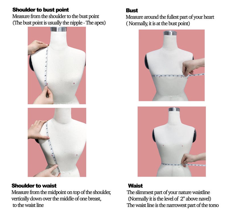 May include: Diagram illustrating how to measure a bust, waist, and shoulder-to-bust and shoulder-to-waist points. A mannequin is used to demonstrate the measurement process. Text explains each measurement, including the bust point and waistline.