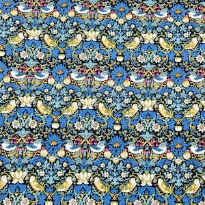NIEUW! Stof &quot;William Morris - Strawberry Thief&quot; geel en blauw - 100% katoen - retro stof William Morris-print op maat gesneden