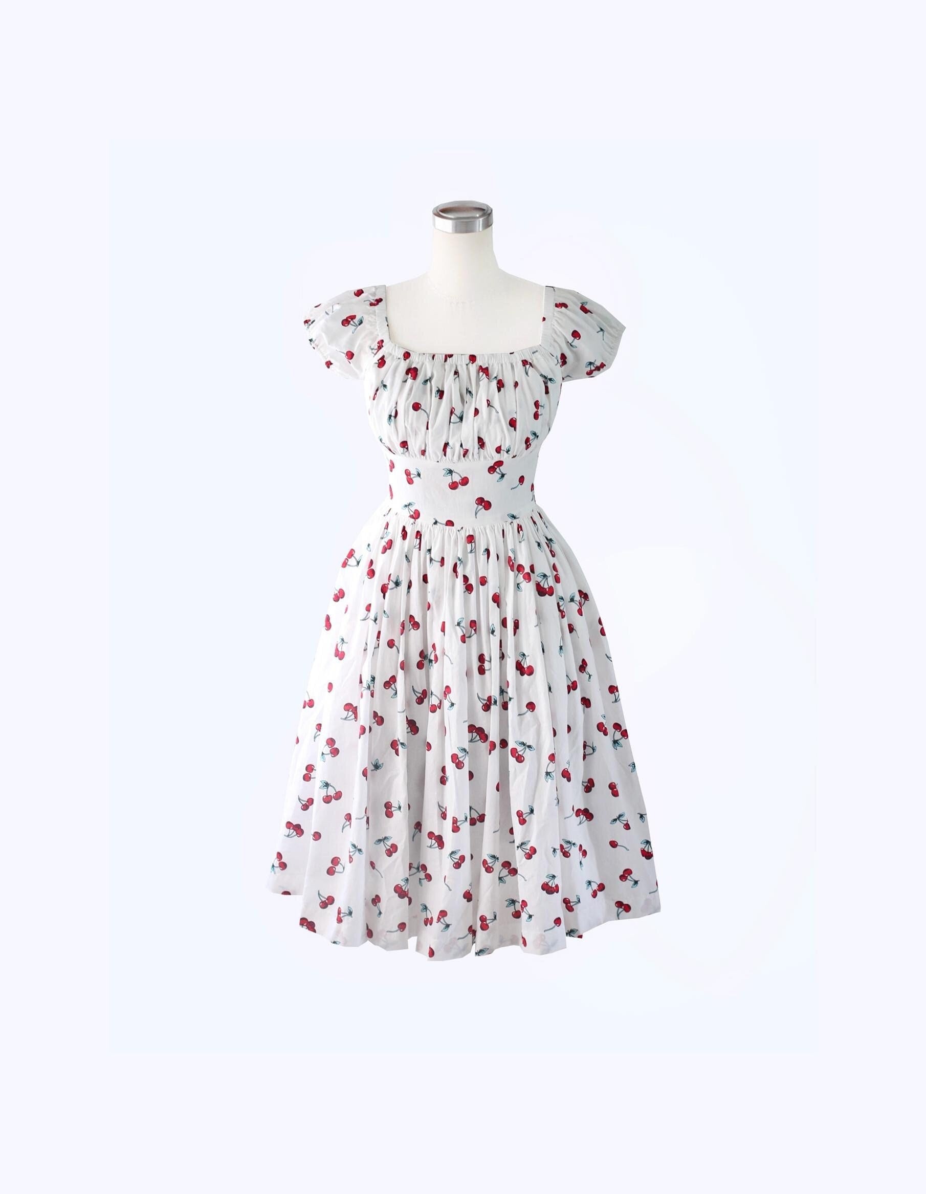 LOLO Dress #23 "Cherry Chewy" - Gathered Shelf Bust - Puffed Peasant Sleeves - Full Gathered Skirt - Rockabilly Dress - 1950s Dress