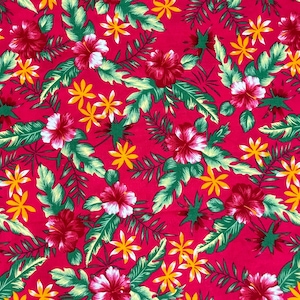 Fabric &quot;Red Hawaii&quot; - Tropical Leaves Floral on Red - Red Cotton Fabric - By The Yard