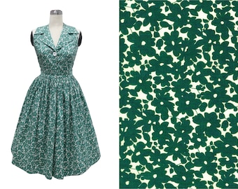 LOLO Dress #9 "Green Floral" - Full Gathered Skirt - Retro Notched Shawl Collar - Rockabilly Dress - Pinup Dress - 1950s Dress