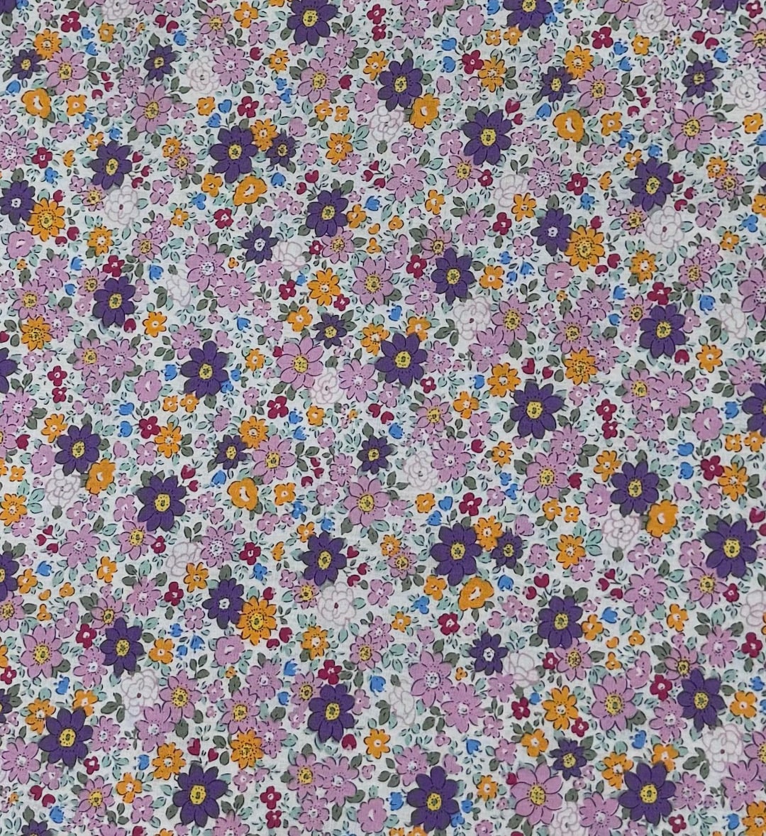 Fabric "pink and Purple Retro Floral" - Floral Fabric - 100% Cotton ...