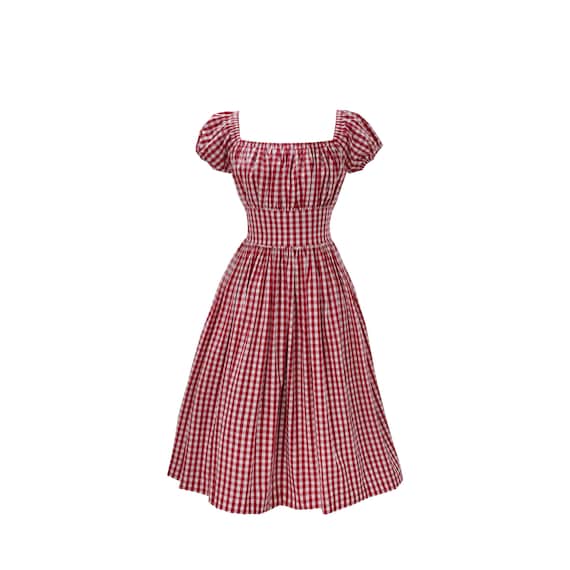NEW! LOLO Dress #23 "RED Gingham" - 0.8cm Square - Gathered Shelf Bust - Puffed Peasant Sleeves - Full Gathered Skirt - 1950s Picnic Dress