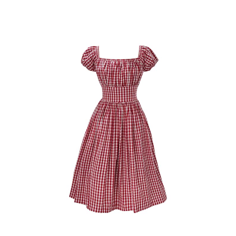 May include: A red and white gingham dress with a square neckline and short, puffed sleeves. The dress has a fitted bodice and a flared skirt, creating a classic, vintage silhouette. The fabric is a checkered pattern, and the dress is designed to be knee-length.