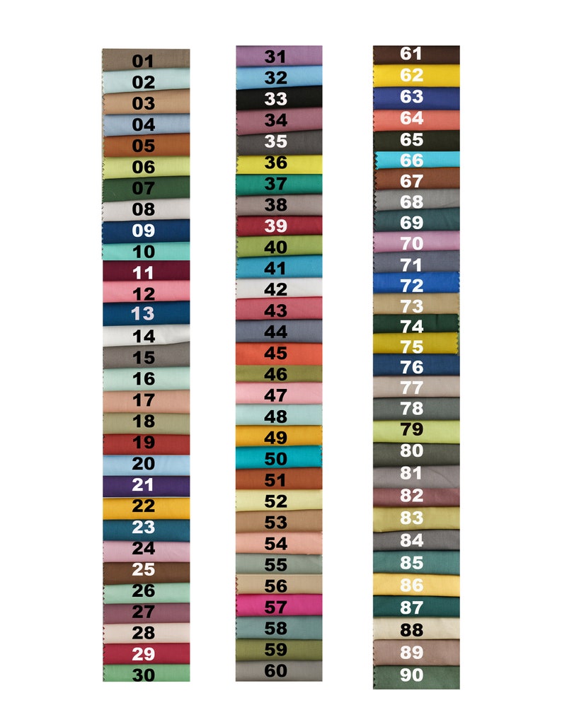 May include: A color chart featuring ninety fabric swatches arranged in three vertical columns. Each swatch is labeled with a number from 01 to 90 in black or white text. The collection displays a wide variety of solid colors including shades of blue, red, green, yellow, pink, brown, gray, and black.