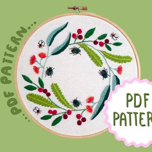 Christmas Beetle Wreath PDF Embroidery Pattern by Lily Adelaide Upton image 1