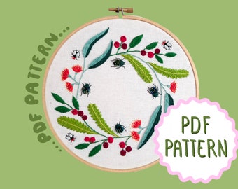 Christmas Beetle Wreath PDF Embroidery Pattern by Lily Adelaide Upton