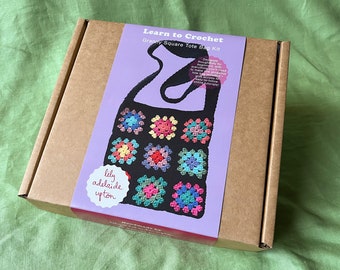 Granny Square Tote Bag Crochet Kit Vibrant Multicolour/Black- beginner friendly kit and tutorial