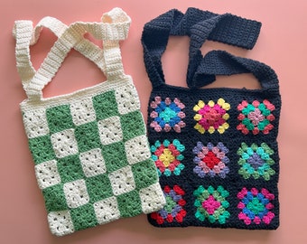 Granny Square Tote Bag Crochet Tutorial - Multicoloured or Checkerboard