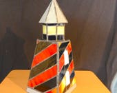 Handmade Leadlight. Tea Light Candle Lighthouse with Removable Roof. Stained Glass 8f. Stained Glass