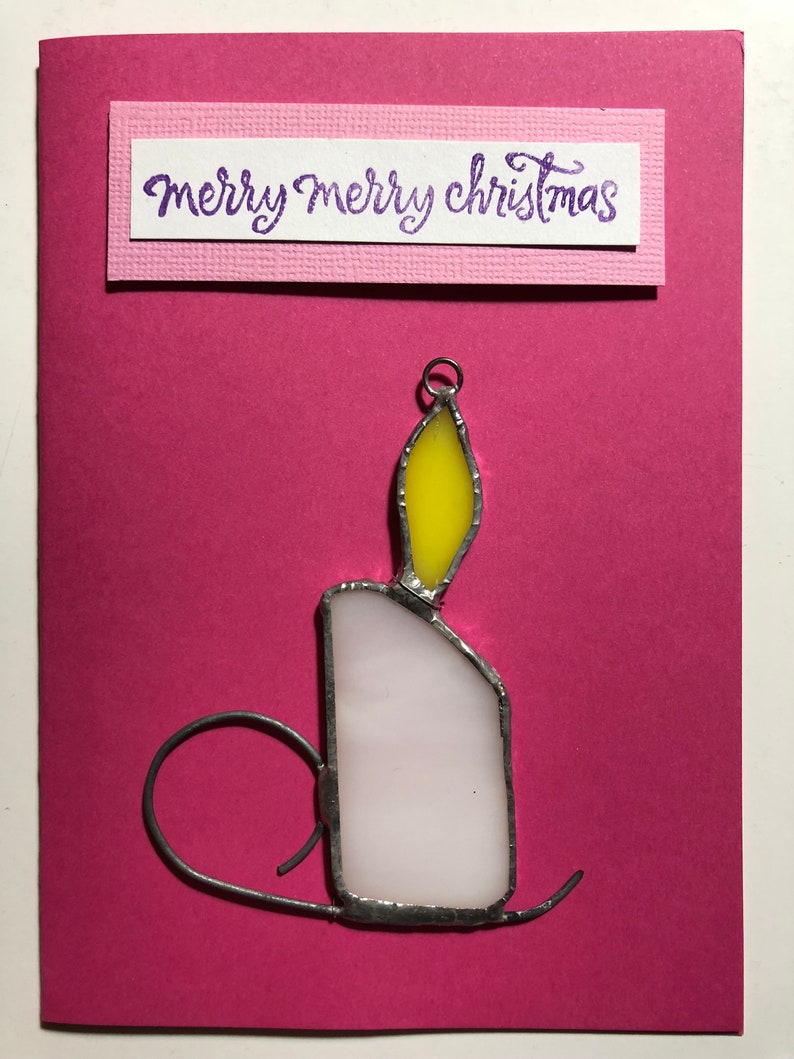 Gift in One Blank Insert Page Merry Christmas Leadlight Gift Card Stained Glass 13d Candle Mobile Attached to Card